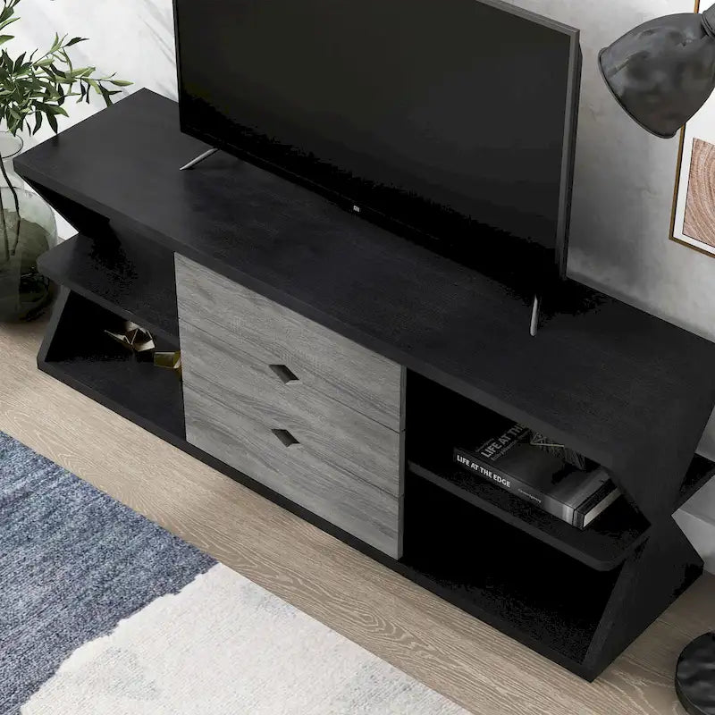 Meuble TV Ayala moderne noir et gris vieilli de 60 pouces avec 4 étagères et 3 tiroirs