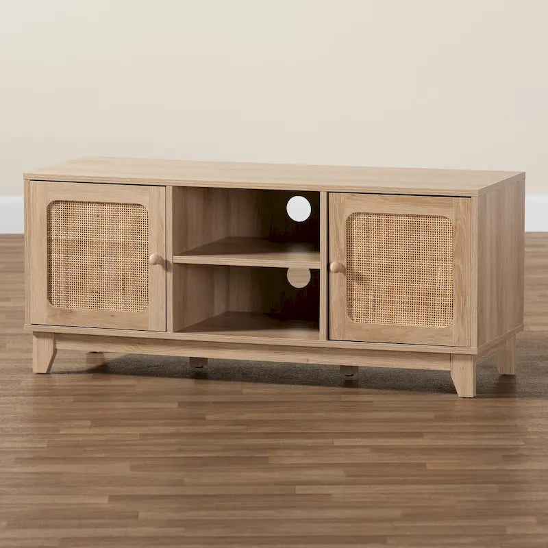 Elsbeth Mid-Century Modern Light Brown Finished Wood and Natural Rattan 2-Door TV Stand