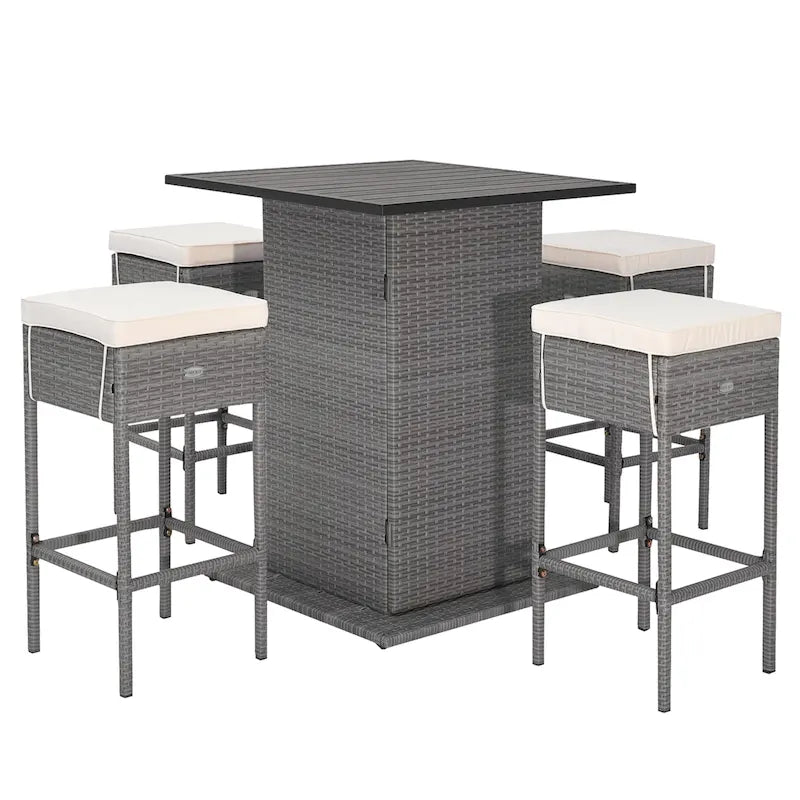 Ensemble de bar extérieur en osier 5 pièces avec table de bar et tabourets avec étagères de rangement