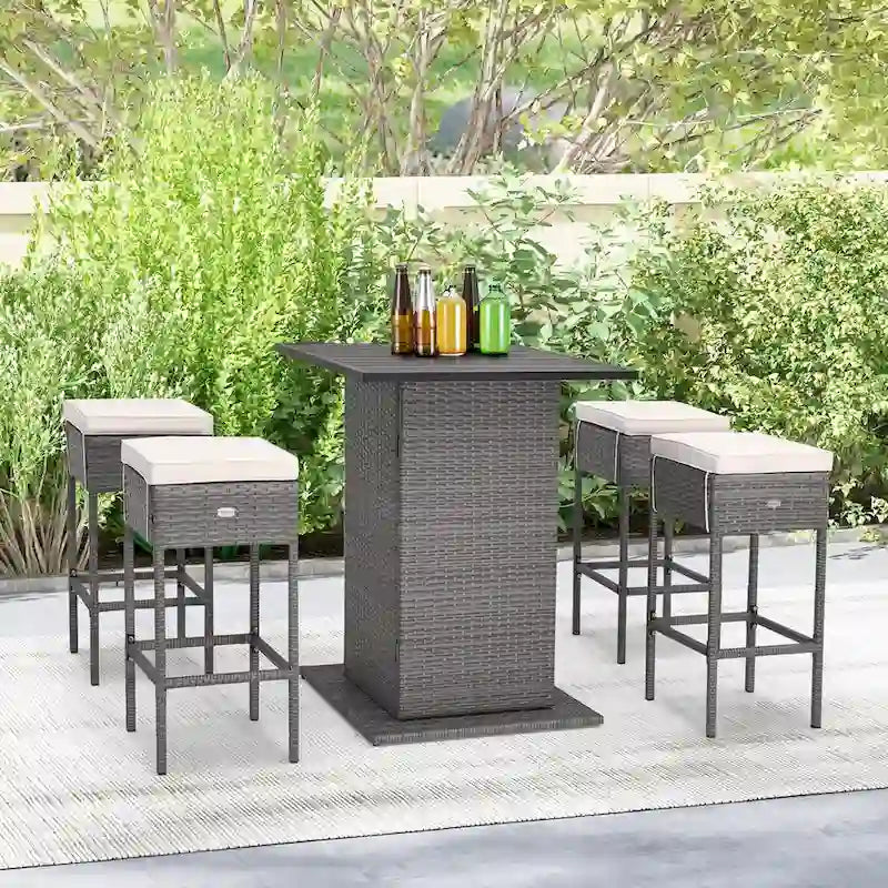 Ensemble de bar extérieur en osier 5 pièces avec table de bar et tabourets avec étagères de rangement