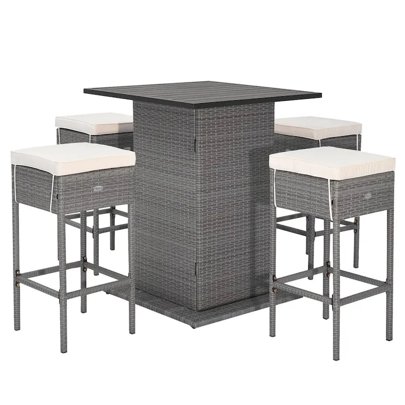 Ensemble de bar extérieur en osier 5 pièces avec table de bar et tabourets avec étagères de rangement