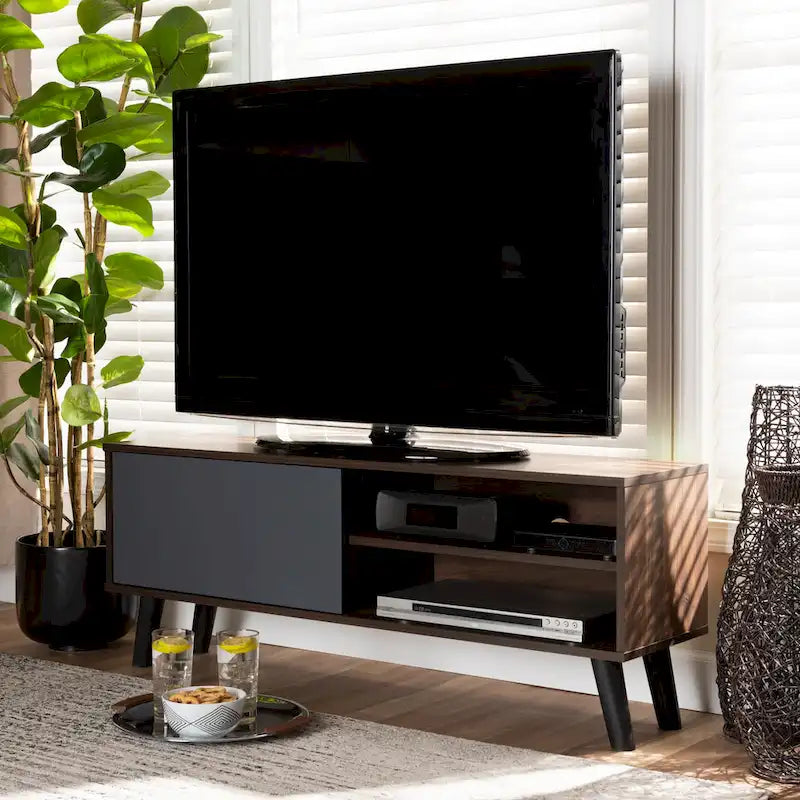 Meuble TV Mallory en bois noyer et gris bicolore