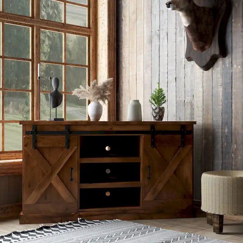 Meuble TV d'angle Bridgevine Home Farmhouse de 56 po pour téléviseurs jusqu'à 60 po, aucun assemblage requis, fini Whisky vieilli