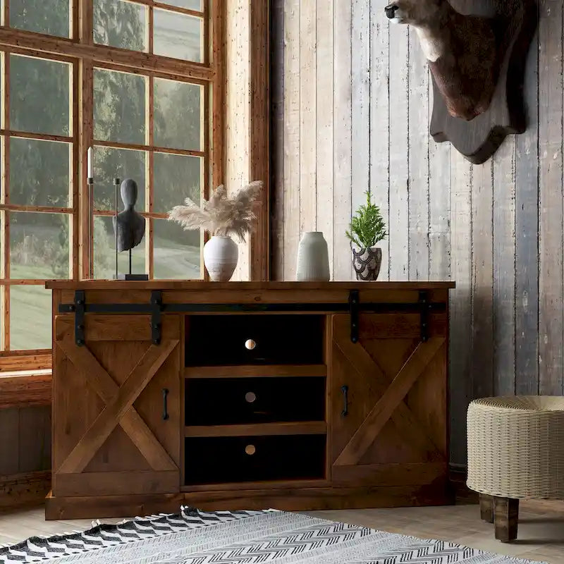Meuble TV d'angle Bridgevine Home Farmhouse de 56 po pour téléviseurs jusqu'à 60 po, aucun assemblage requis, fini Whisky vieilli