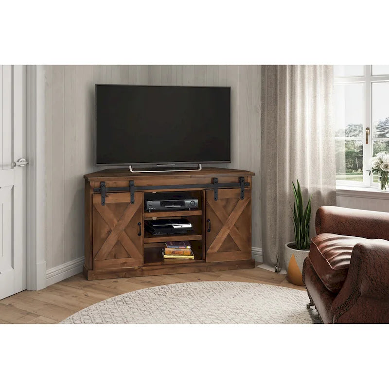 Meuble TV d'angle Bridgevine Home Farmhouse de 56 po pour téléviseurs jusqu'à 60 po, aucun assemblage requis, fini Whisky vieilli