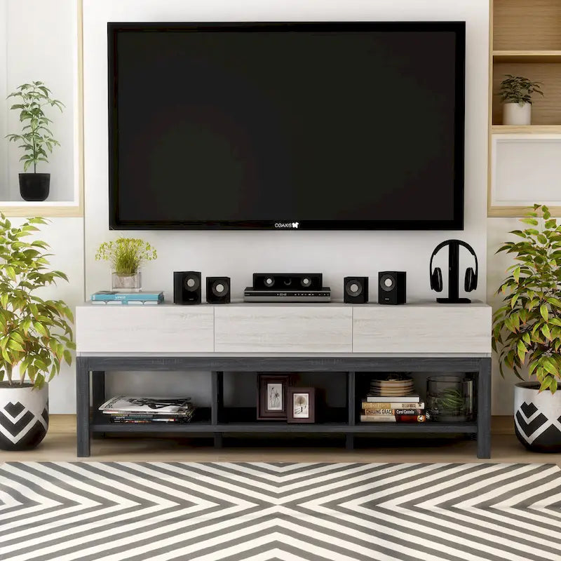Meuble TV Tiska moderne blanc et gris de 152 cm avec 3 étagères par Furniture of America