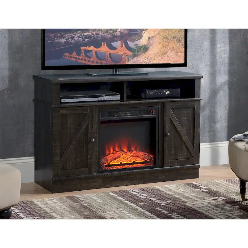 Meuble TV rustique en bois foncé avec cheminée