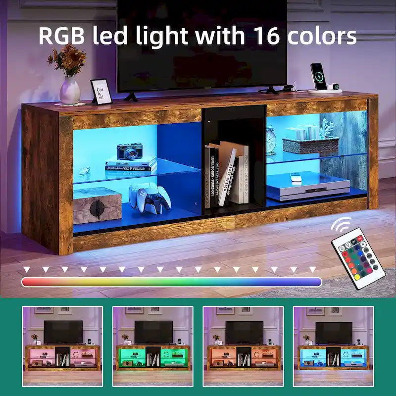 Meuble TV Moasis LED RGB avec prises de courant pour téléviseurs jusqu'à 55/60 pouces, avec étagères en verre