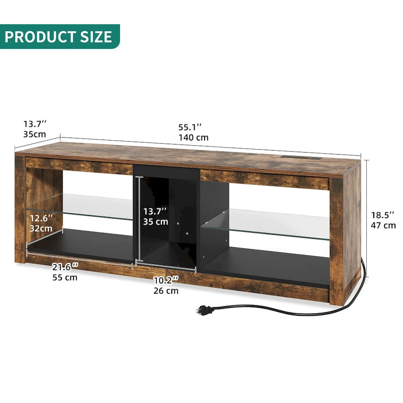 Meuble TV Moasis LED RGB avec prises de courant pour téléviseurs jusqu'à 55/60 pouces, avec étagères en verre