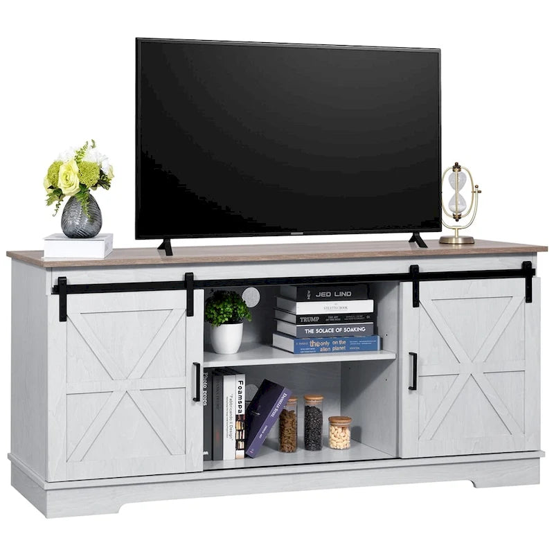 Meuble TV Evelynn, meuble de divertissement en bois de style ferme avec porte coulissante de grange, pour téléviseurs jusqu'à 65 pouces, blanc