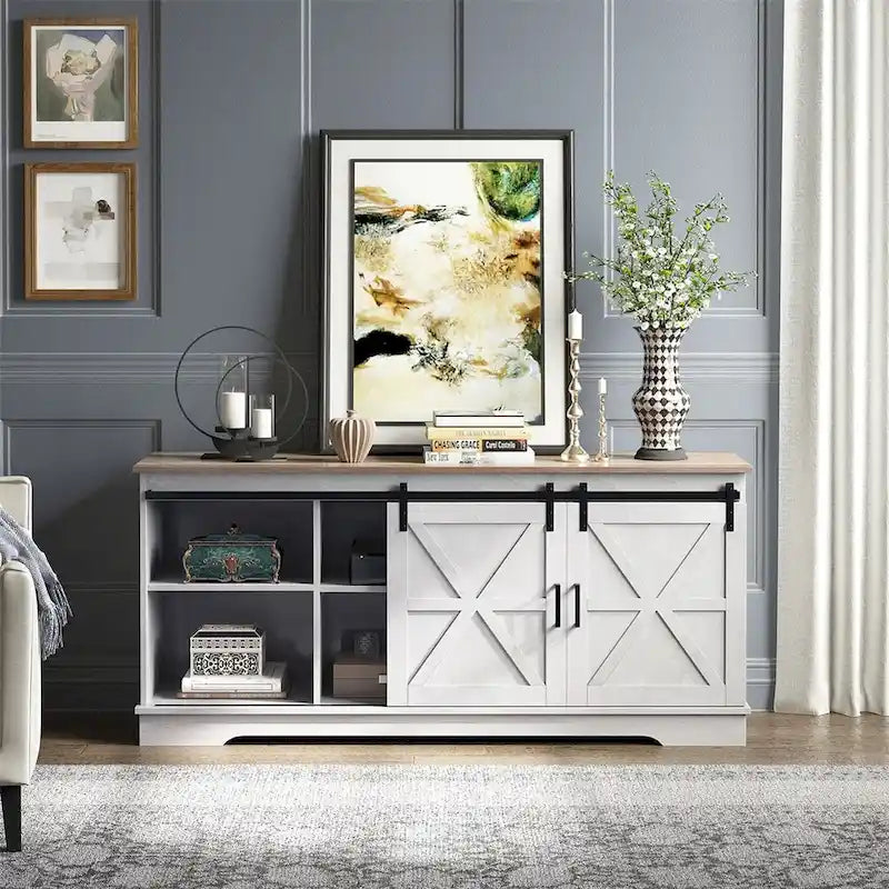 Meuble TV Evelynn, meuble de divertissement en bois de style ferme avec porte coulissante de grange, pour téléviseurs jusqu'à 65 pouces, blanc