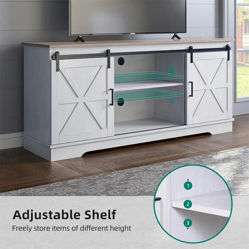 Meuble TV Evelynn, meuble de divertissement en bois de style ferme avec porte coulissante de grange, pour téléviseurs jusqu'à 65 pouces, blanc