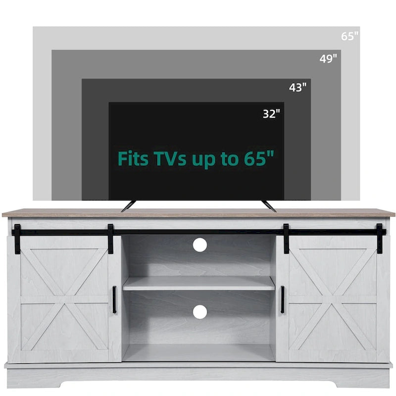Meuble TV Evelynn, meuble de divertissement en bois de style ferme avec porte coulissante de grange, pour téléviseurs jusqu'à 65 pouces, blanc