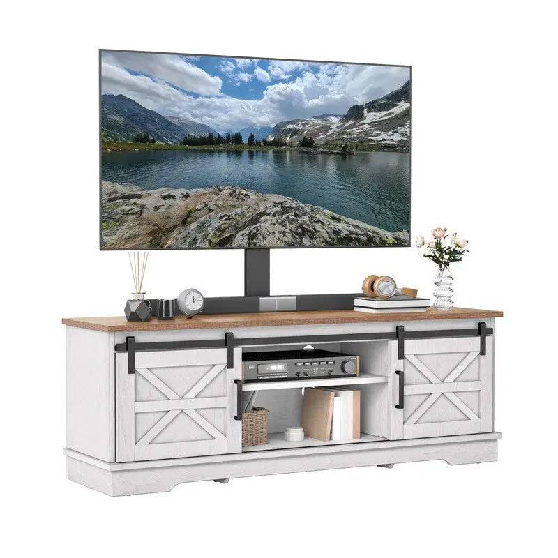 Meuble TV Evelynn, meuble de divertissement en bois de style ferme avec porte coulissante de grange, pour téléviseurs jusqu'à 65 pouces, blanc