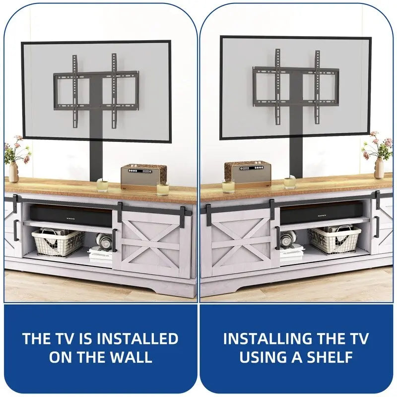 Meuble TV Evelynn, meuble de divertissement en bois de style ferme avec porte coulissante de grange, pour téléviseurs jusqu'à 65 pouces, blanc
