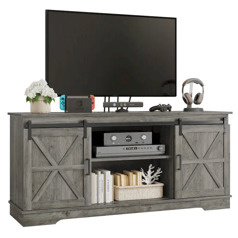 Meuble TV Evelynn, meuble de divertissement en bois de style ferme avec porte coulissante de grange, pour téléviseurs jusqu'à 65 pouces, blanc