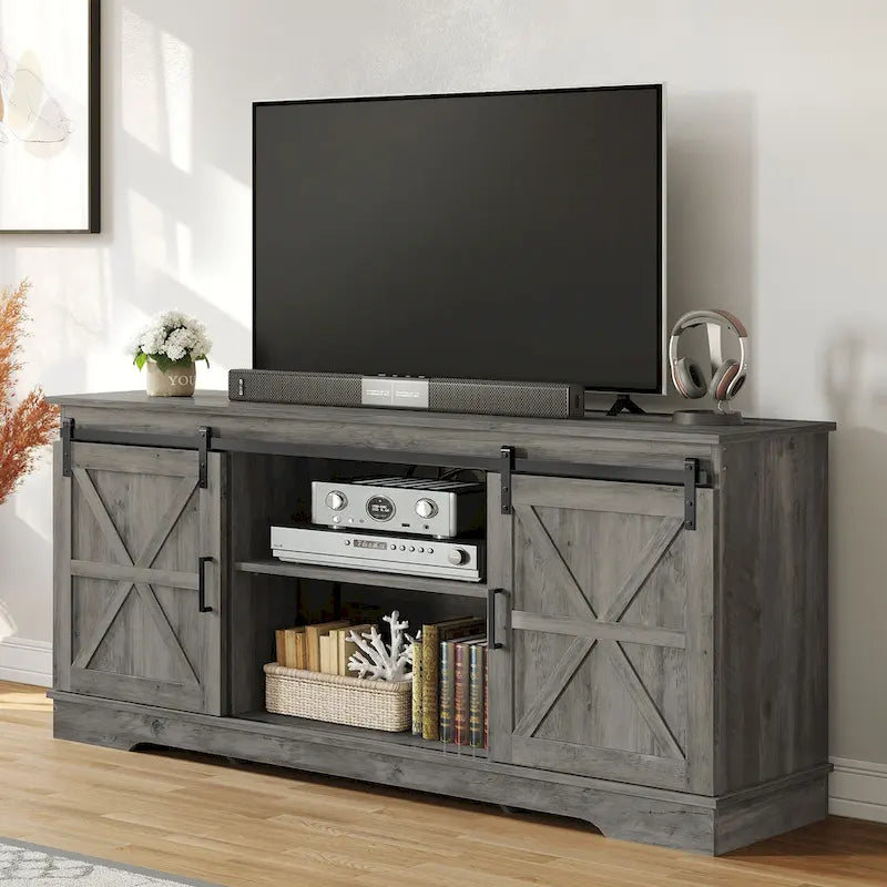 Meuble TV Evelynn, meuble de divertissement en bois de style ferme avec porte coulissante de grange, pour téléviseurs jusqu'à 65 pouces, blanc