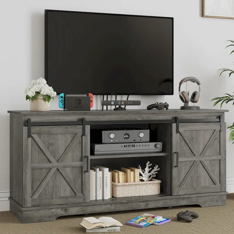 Meuble TV Evelynn, meuble de divertissement en bois de style ferme avec porte coulissante de grange, pour téléviseurs jusqu'à 65 pouces, blanc