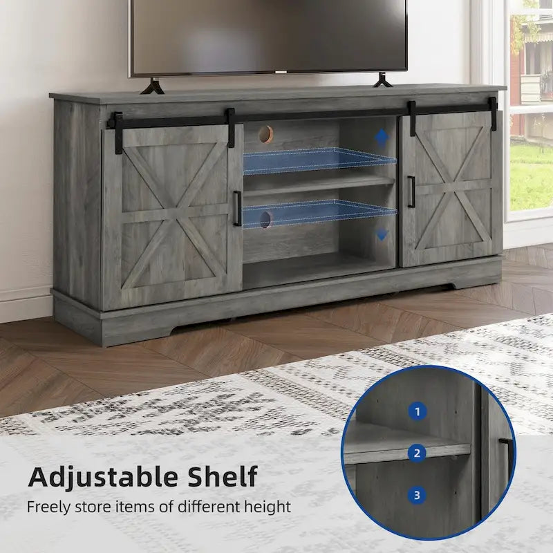 Meuble TV Evelynn, meuble de divertissement en bois de style ferme avec porte coulissante de grange, pour téléviseurs jusqu'à 65 pouces, blanc