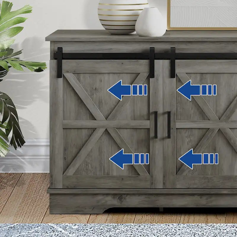 Meuble TV Evelynn, meuble de divertissement en bois de style ferme avec porte coulissante de grange, pour téléviseurs jusqu'à 65 pouces, blanc