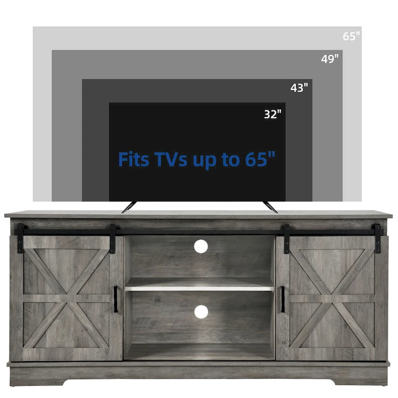 Meuble TV Evelynn, meuble de divertissement en bois de style ferme avec porte coulissante de grange, pour téléviseurs jusqu'à 65 pouces, blanc