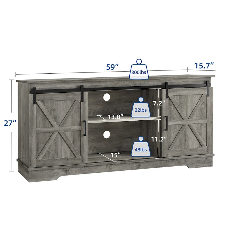 Meuble TV Evelynn, meuble de divertissement en bois de style ferme avec porte coulissante de grange, pour téléviseurs jusqu'à 65 pouces, blanc