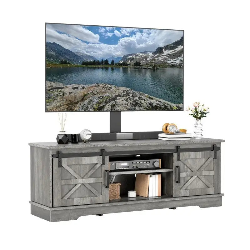Meuble TV Evelynn, meuble de divertissement en bois de style ferme avec porte coulissante de grange, pour téléviseurs jusqu'à 65 pouces, blanc