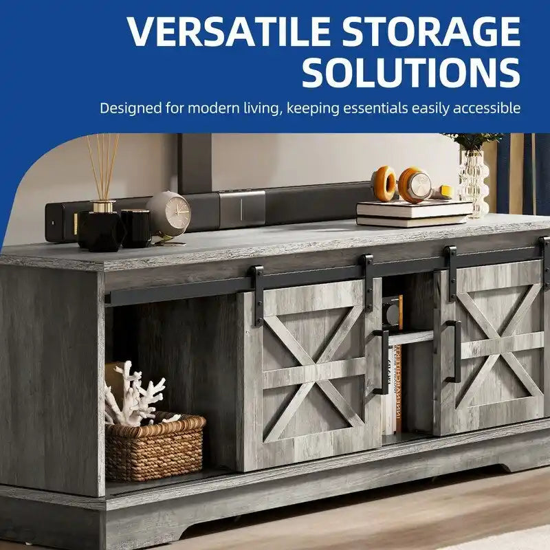 Meuble TV Evelynn, meuble de divertissement en bois de style ferme avec porte coulissante de grange, pour téléviseurs jusqu'à 65 pouces, blanc