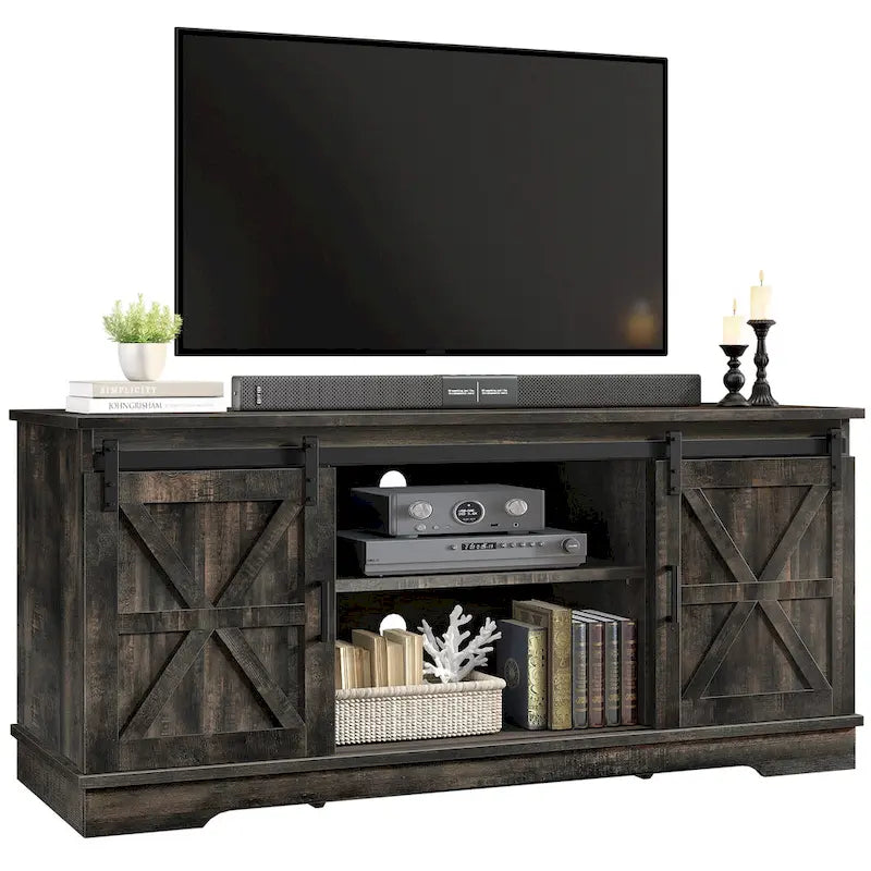 Meuble TV Evelynn, meuble de divertissement en bois de style ferme avec porte coulissante de grange, pour téléviseurs jusqu'à 65 pouces, blanc