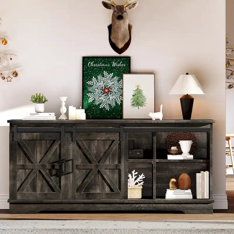 Meuble TV Evelynn, meuble de divertissement en bois de style ferme avec porte coulissante de grange, pour téléviseurs jusqu'à 65 pouces, blanc