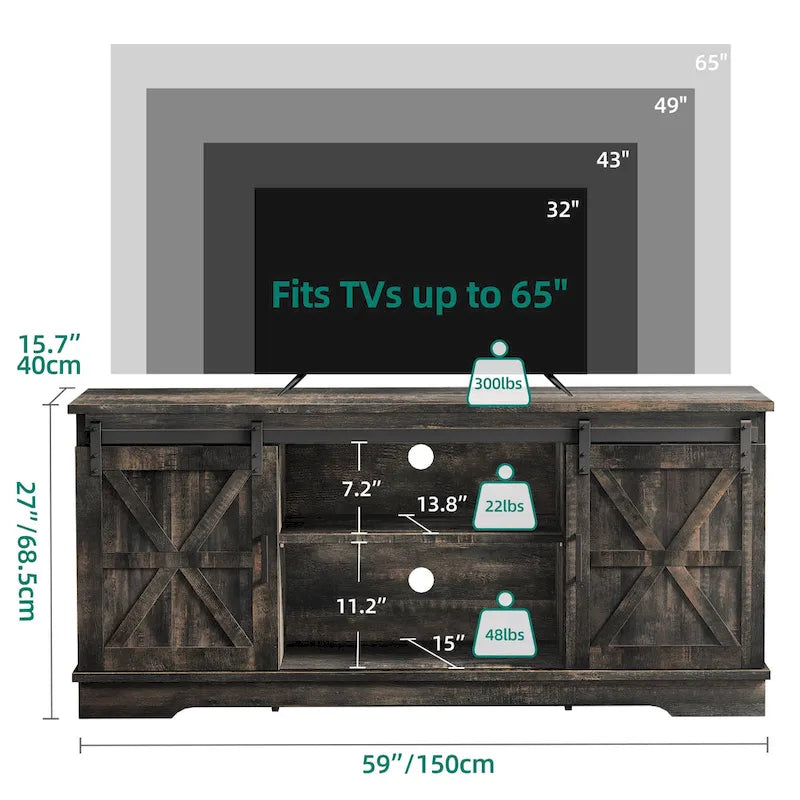 Meuble TV Evelynn, meuble de divertissement en bois de style ferme avec porte coulissante de grange, pour téléviseurs jusqu'à 65 pouces, blanc