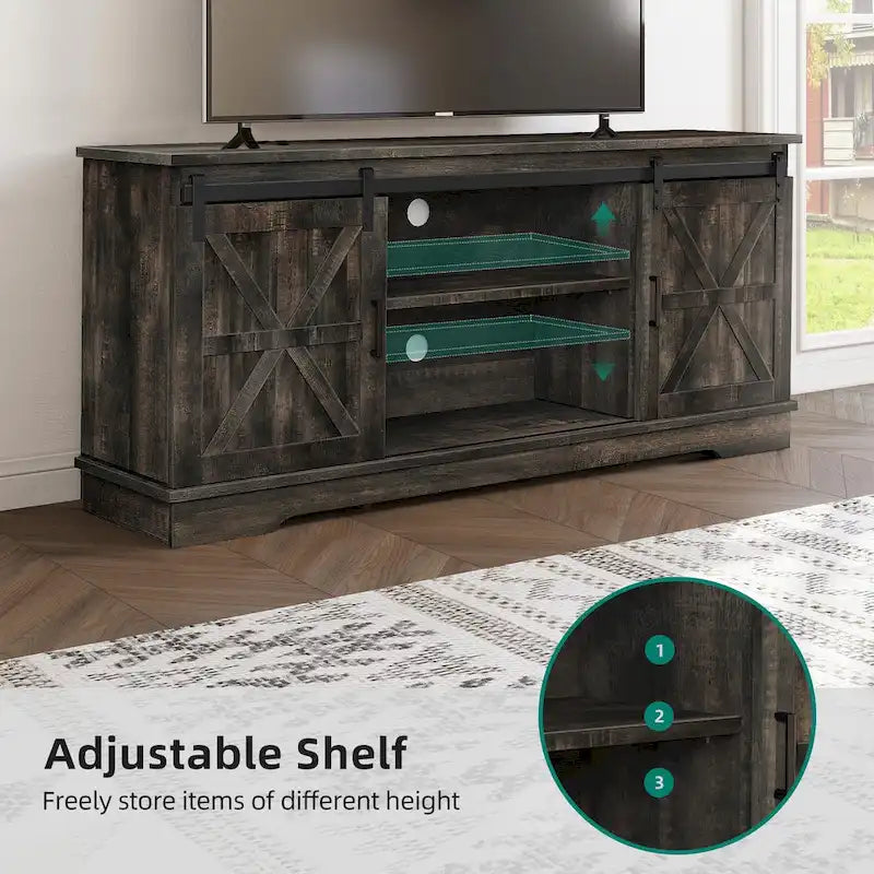 Meuble TV Evelynn, meuble de divertissement en bois de style ferme avec porte coulissante de grange, pour téléviseurs jusqu'à 65 pouces, blanc