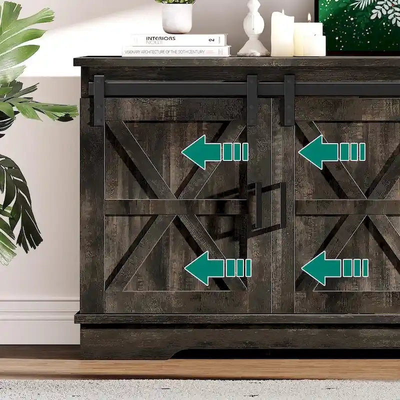 Meuble TV Evelynn, meuble de divertissement en bois de style ferme avec porte coulissante de grange, pour téléviseurs jusqu'à 65 pouces, blanc