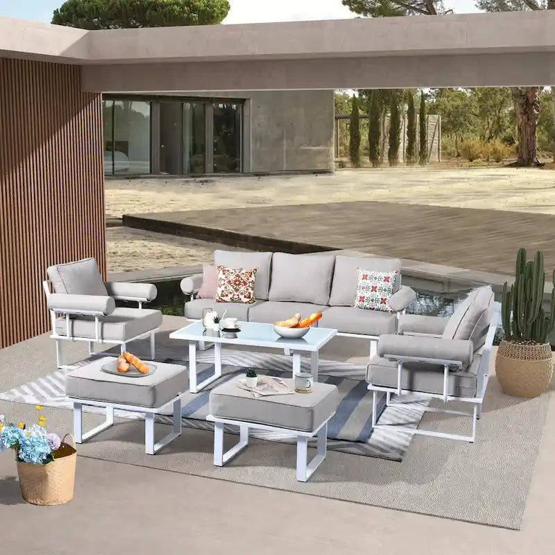 OVIOS 6-piece Outdoor Aluminum Frame Ottoman Removable Cushion Sectional Set