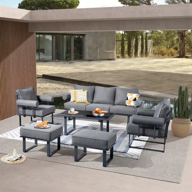 OVIOS Ensemble de jardin modulaire 6 pièces en aluminium avec poufs et coussins amovibles