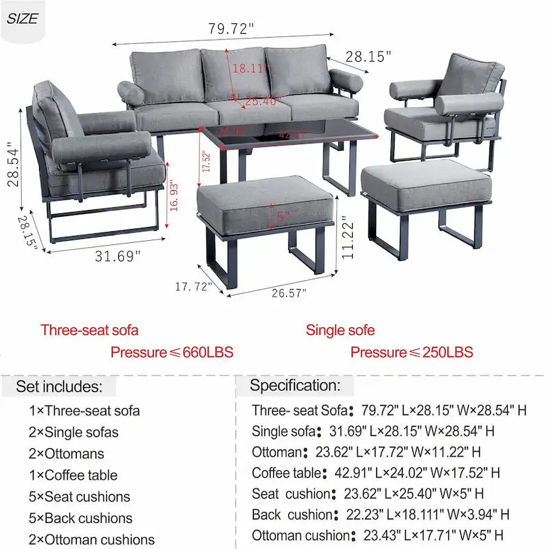 OVIOS Ensemble de jardin modulaire 6 pièces en aluminium avec poufs et coussins amovibles