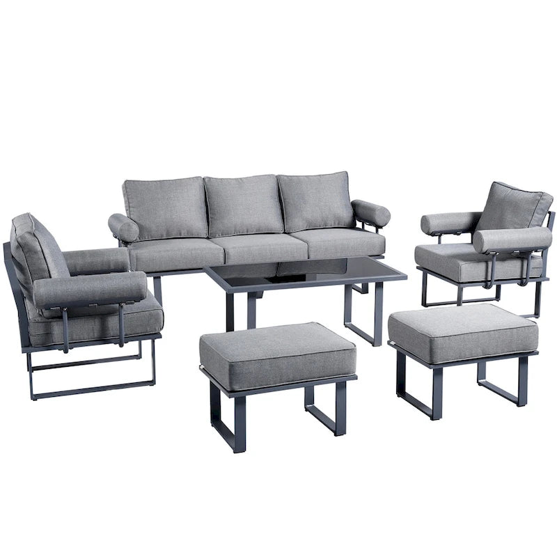 OVIOS Ensemble de jardin modulaire 6 pièces en aluminium avec poufs et coussins amovibles