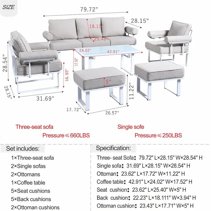 OVIOS Ensemble de jardin modulaire 6 pièces en aluminium avec poufs et coussins amovibles