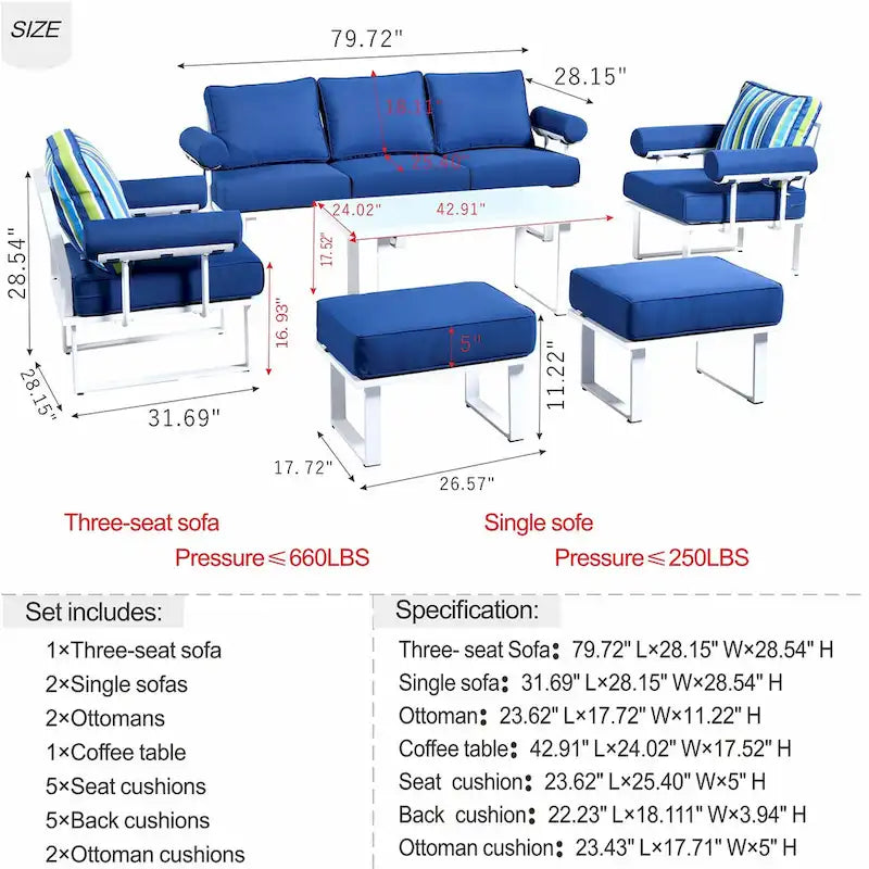 OVIOS Ensemble de jardin modulaire 6 pièces en aluminium avec poufs et coussins amovibles