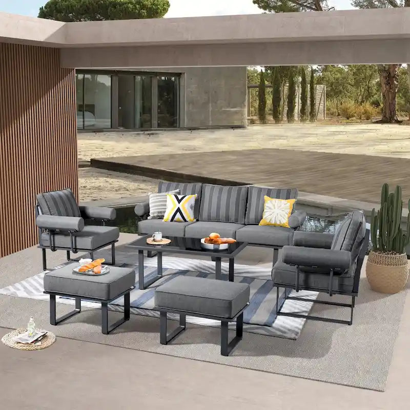 OVIOS Ensemble de jardin modulaire 6 pièces en aluminium avec poufs et coussins amovibles