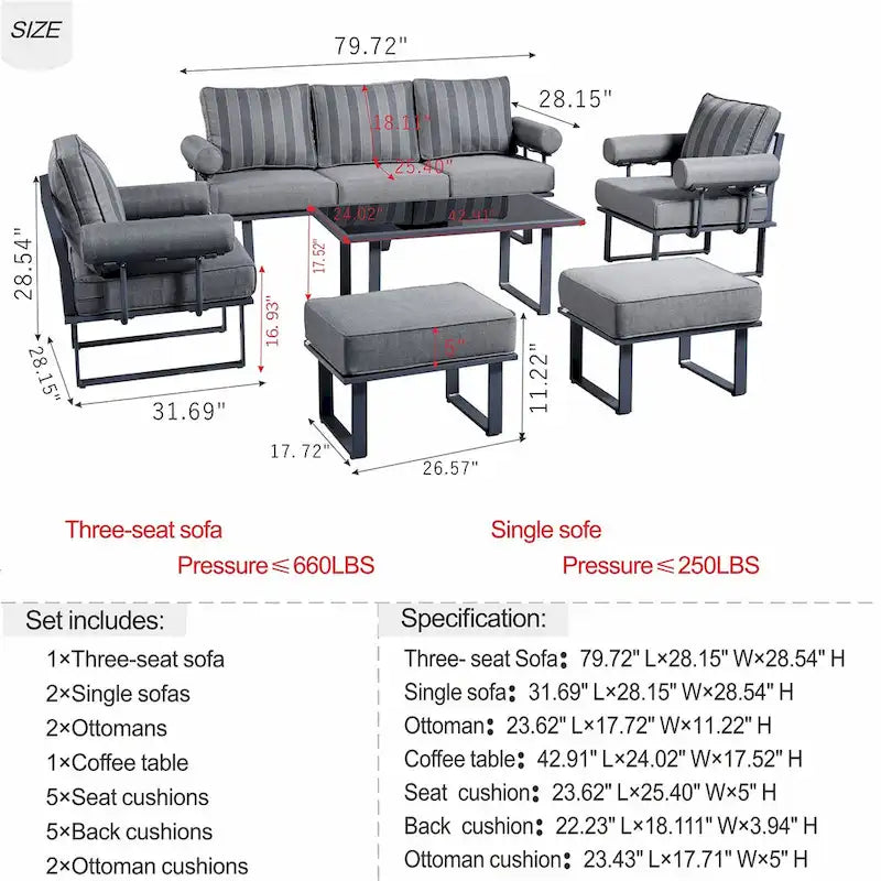OVIOS Ensemble de jardin modulaire 6 pièces en aluminium avec poufs et coussins amovibles