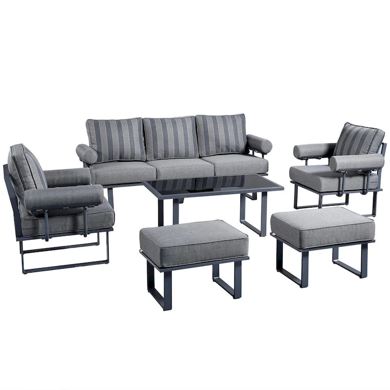 OVIOS Ensemble de jardin modulaire 6 pièces en aluminium avec poufs et coussins amovibles