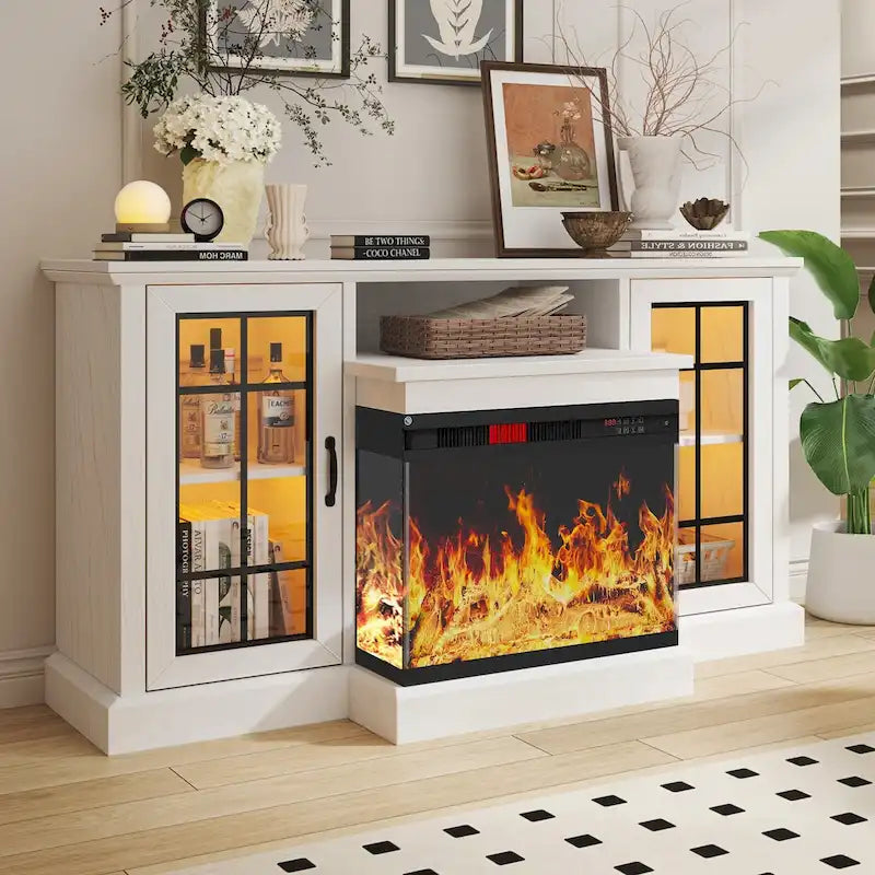 Meuble TV de cheminée de 59 po avec foyer électrique à 3 côtés vitrés