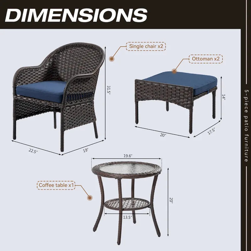 Cozywor 5-Piece Wicker Outdoor Patio Conversation Lounge Chair Set