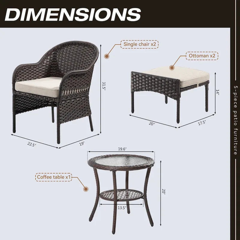 Cozywor 5-Piece Wicker Outdoor Patio Conversation Lounge Chair Set