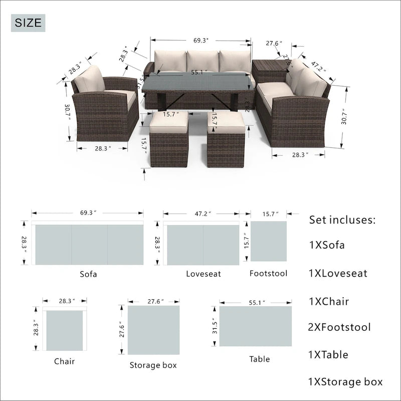 Ensemble de canapé d'angle d'extérieur 7 places en osier avec coffre de rangement et pouf