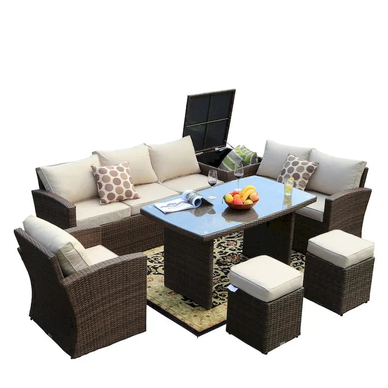 Ensemble de canapé d'angle d'extérieur 7 places en osier avec coffre de rangement et pouf