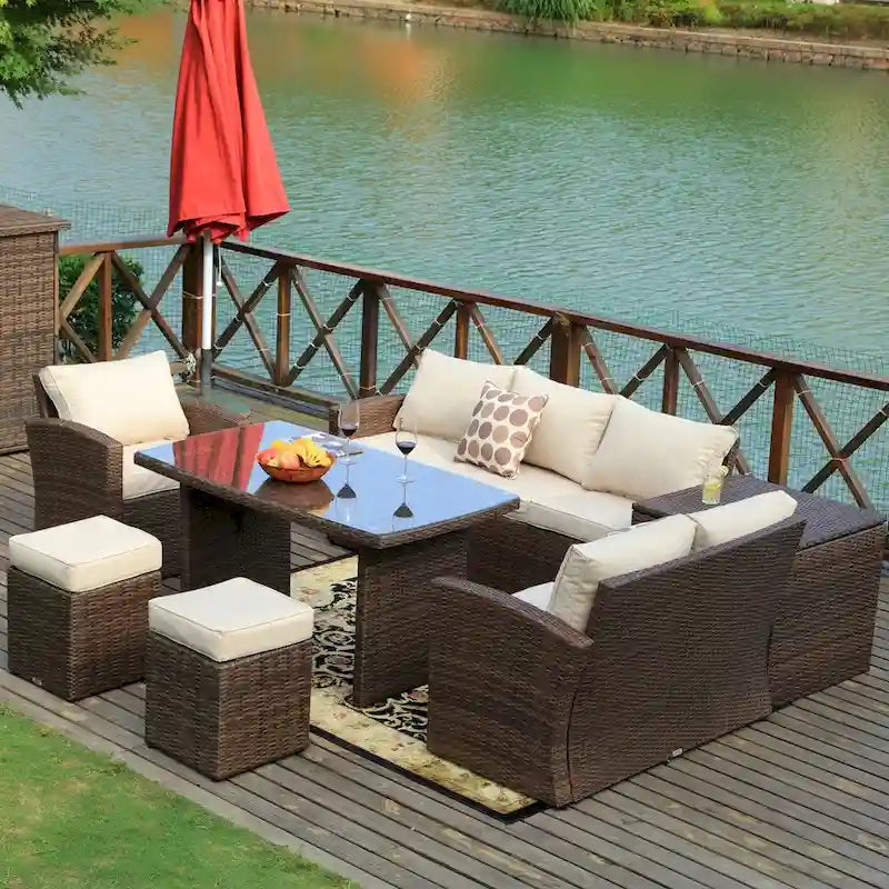 Ensemble de canapé d'angle d'extérieur 7 places en osier avec coffre de rangement et pouf