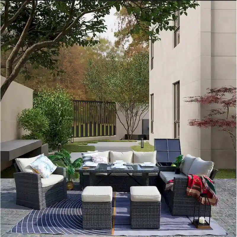 Ensemble de canapé d'angle d'extérieur 7 places en osier avec coffre de rangement et pouf