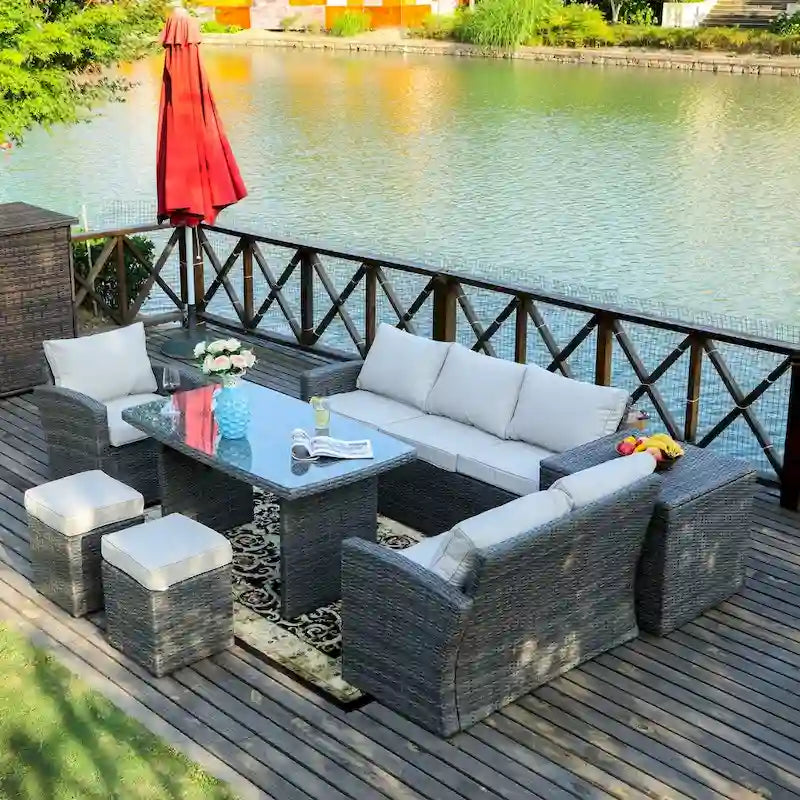 Ensemble de canapé d'angle d'extérieur 7 places en osier avec coffre de rangement et pouf